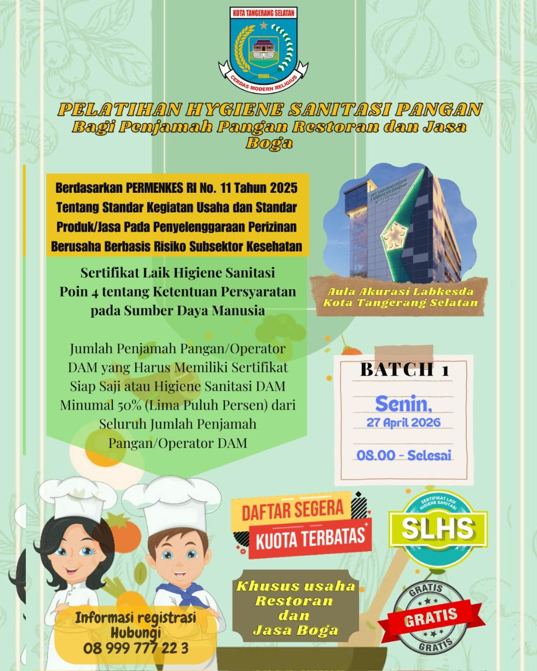 GRATIS! Pelatihan Hygiene Sanitasi Pangan di Tangsel!